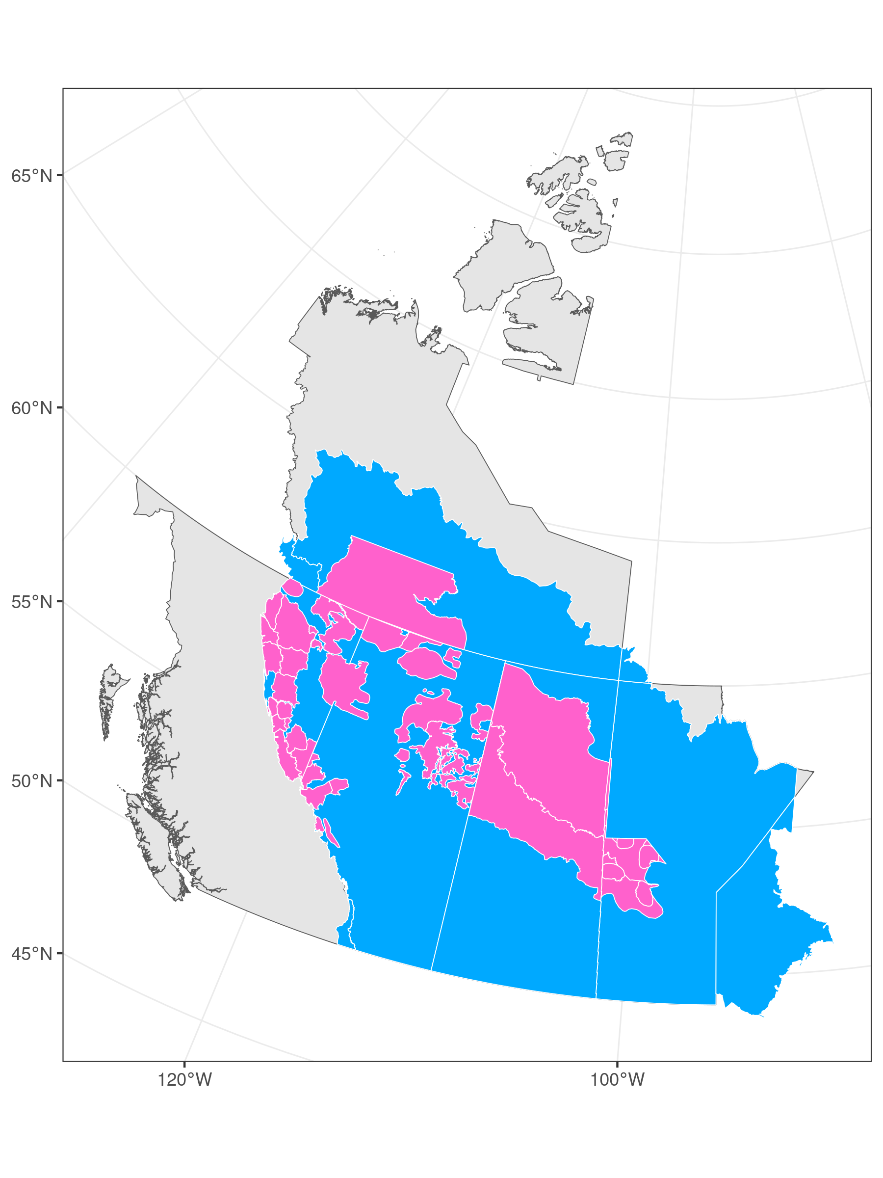 LandWeb study area (blue) with mountain and boreal caribou ranges highlighted (pink).