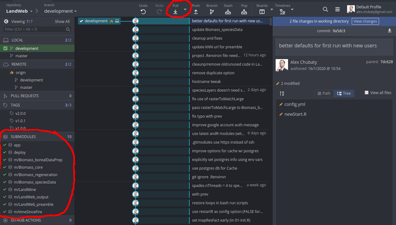 Screenshot showing showing code commits in Git Kraken. The submodules pane is highlighted on the bottom left.